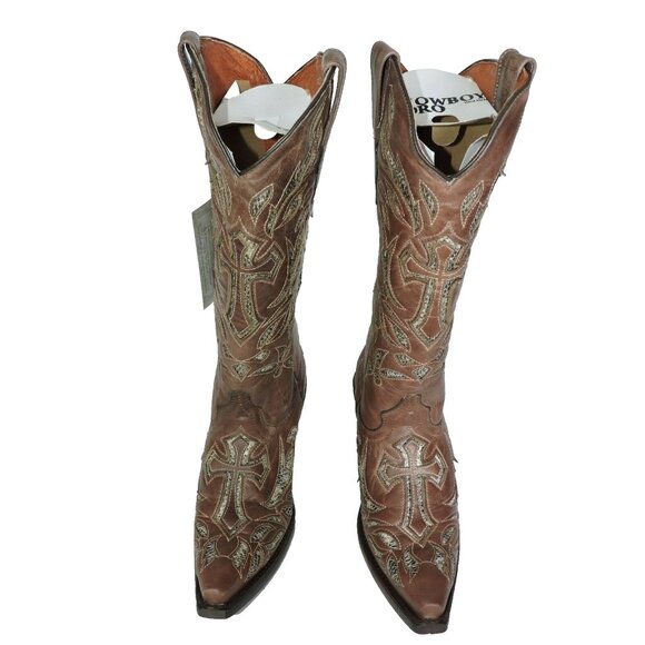 Cowboy Pro Shoes - Cowboy Pro Cowgirl Boots Size 6.5 Brown Leather Python Cross Snip Toe Western